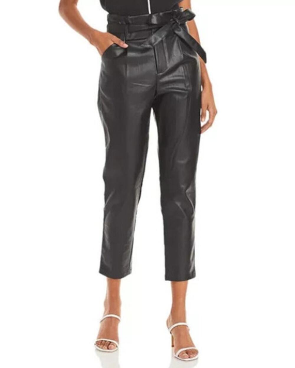 Lucy Paris (XS) Faux Leather Paper Bag Waist Tie Sash Belt Cropped Pants